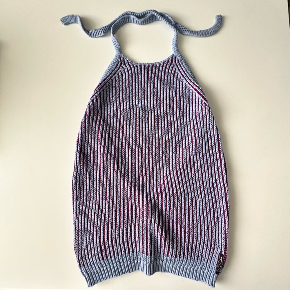 Armani Exchange Striped Knit Tied Backless Purple Halter Neck Top XS